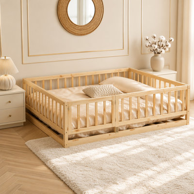 Floor Bed with Slats, Bed Frame with Fence and Door