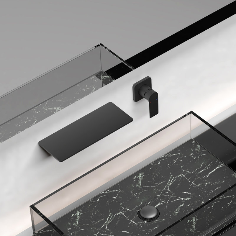 Bathroom Sink Faucet In Matte Black With Waterfall, Single For Seamless Water Operation, Brass Produced Waterfall Black, Smooth , Built