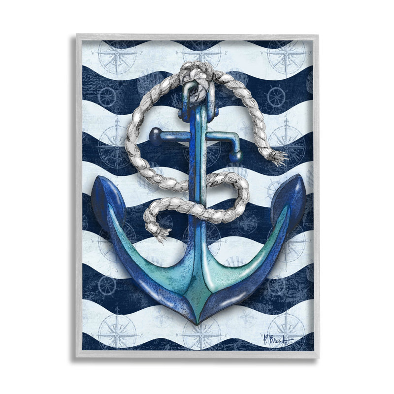 «Nautical Anchor Wavy Navy Stripes» par Paul Brent - impression sur bois, H 20 po x l 16 po x P 1,5 po