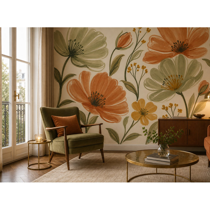 Papier peint fleurs terracotta, 100 po x 96 po, Peler et coller