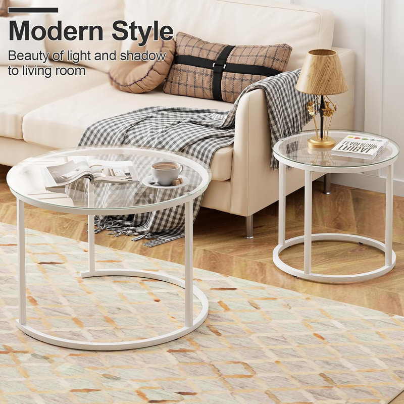 White Nesting Glass Table Set Of 2, Small Glass Round Nesting Tables For Living Room Bedroom, Accent Tea Table With Metal Frame Modern Industrial Simple