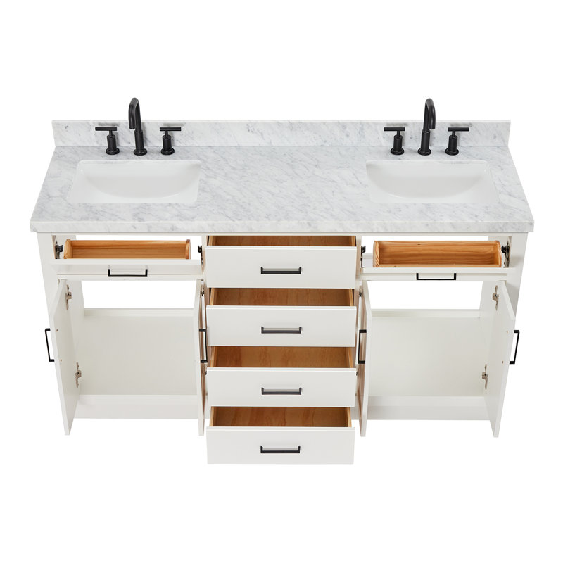 Meuble-lavabo double en bois massif de 66 po avec plateau en marbre de Carrare de 1,5 po Thornaby, Blanc / noir mat