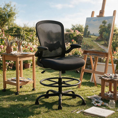 Ergonomic Drafting Chair Tall Office Chair with Flip-up Armrests,  Lumbar Support and Adjustable Footrest Ring.