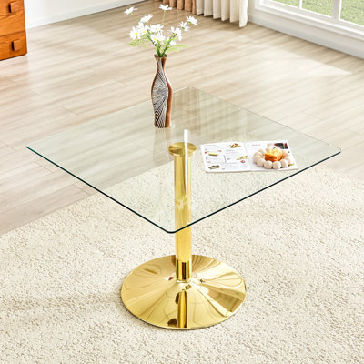 Table de salle à manger 38,5 pouces carrée en verre trempé transparent, table de cuisine moderne pour 2 à 4 personnes, base à colonne simple en métal, doré et transparent