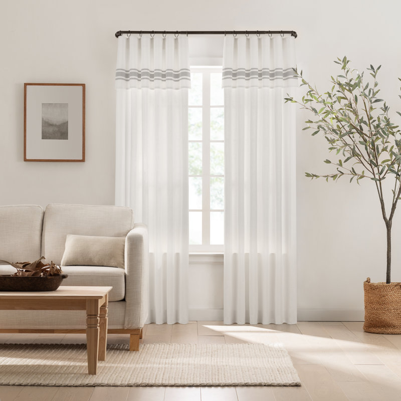 Mercantile Drop Cloth Stripe Curtain Panel, Light Filtering Ring and Tab Top with Attached Valance, 108 in Long x 50 in Wide, Farmhouse Single Window Panel, Bedroom, Living Room and Dining Room, Grey Stripe
