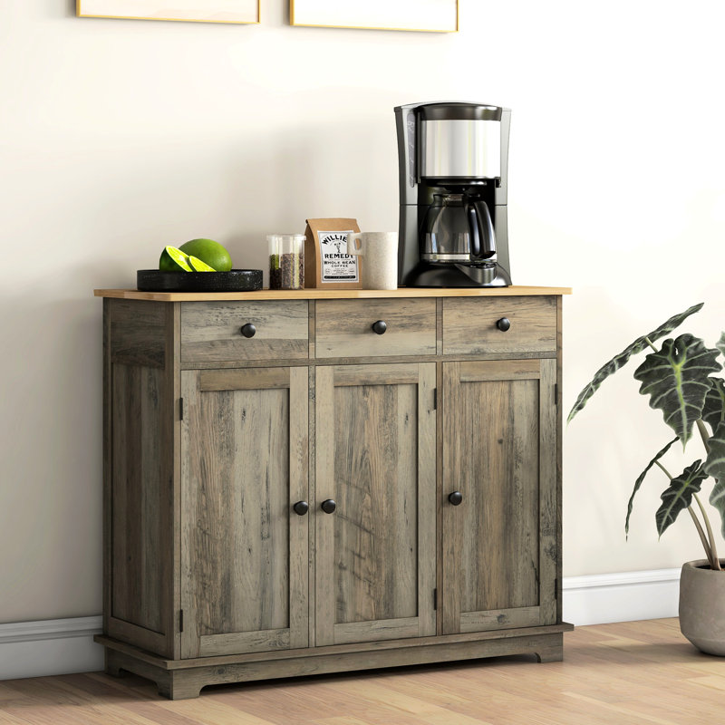 Armoire de rangement de cuisine grise - Buffet avec 3 tiroirs, portes, tablette réglable et comptoir de buffet en bois massif, gris, pour articles