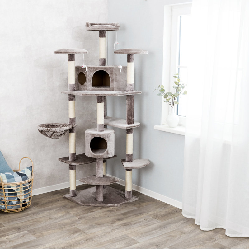 TRIXIE Roma 72" Cat Tower, 7-Level Sisal & Plush Cat Tree, Cat Scratcher 2-Condos Multiple Platforms Dangling Cat Toy, Gray