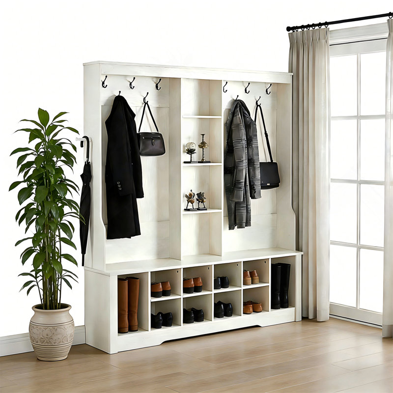 Arbre d'entrée avec banc et rangement pour chaussures, rangement d'entrée 3 en 1 avec compartiments réglables et crochets