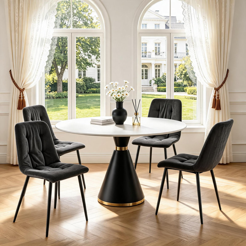Corduroy Square Quilted Side Chairs, Dining Chairs With Black Metal Legs, Black, 4