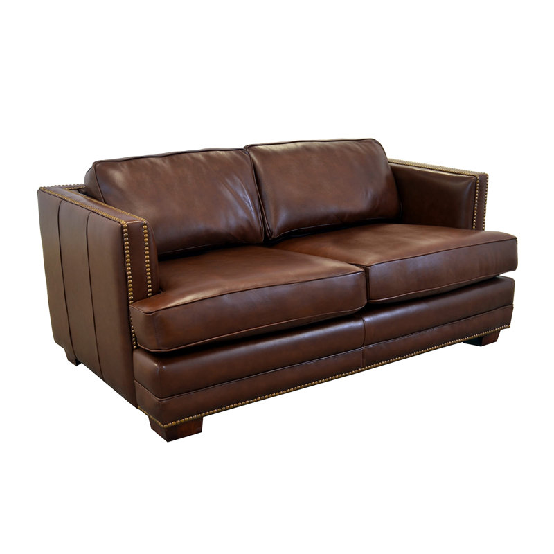 Causeuse à accoudoirs en cuir véritable de 73 po Albelo, Cuir véritable avoine Burnham