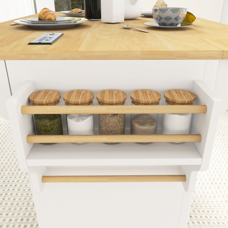 55.5" W Kitchen Storage Cart With 2 Drop Leaf,Power Outlet And Adjustable Shelves, White