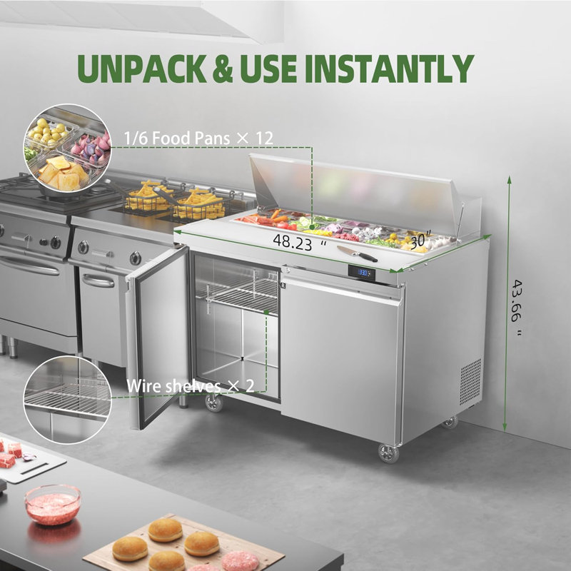 Table de préparation pour salade de réfrigérateur commercial l 48 po Coolake, réfrigérateur à 2 portes avec 12 po