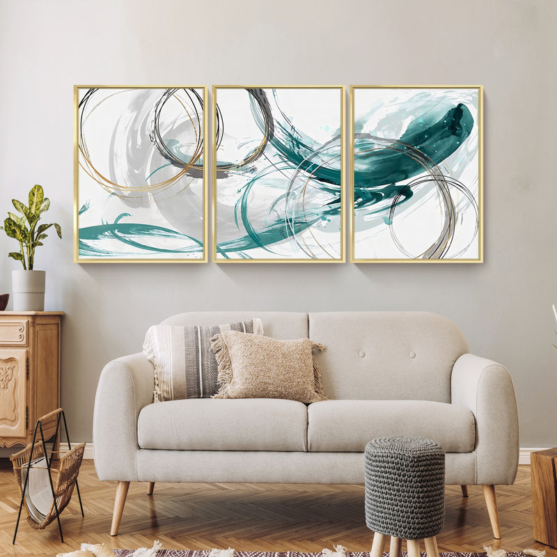 Abstrait - Peinture sur toile 3 pièces, H 24 po x l 48 po, Encadrement doré