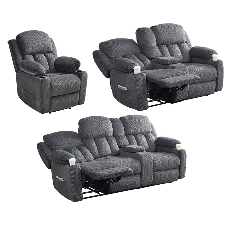 Canapé inclinable moderne, fauteuil confortable avec console, canapé modulaire inclinable 3 pièces avec porte-gobelet et prise de charge, canapés 3 places pour le salon
