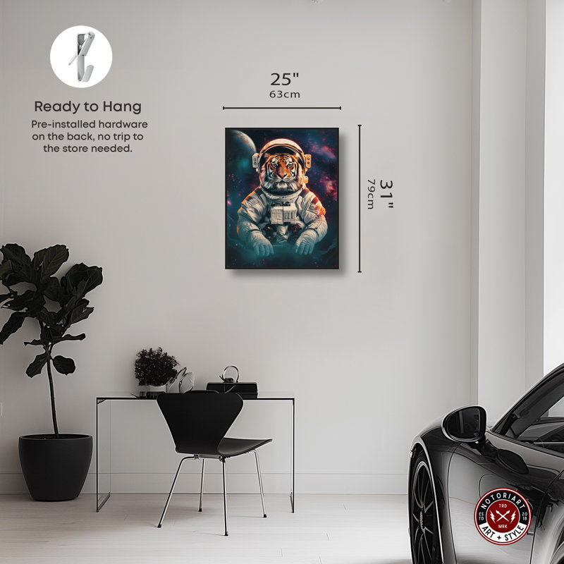 «Astronaut Tiger», art mural par Notoriart, H 31 po x l 25 po, Cadre noir