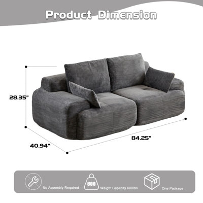 Canapé 2 places en velours côtelé compressé et mousse à mémoire de forme, compatible avec les animaux de compagnie, extra profond pour les grands espaces, gris, sans assemblage, rembourrage, design personnalisable, mousse compressée, velours côtelé.