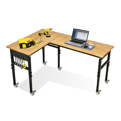 2000 Lbs Heavy Duty L Shaped Adjustable Workbench Mobile Rolling Wheels Rubber Wood Top Pegboard Drawers Power Outlet Garage Workshop Tool Table