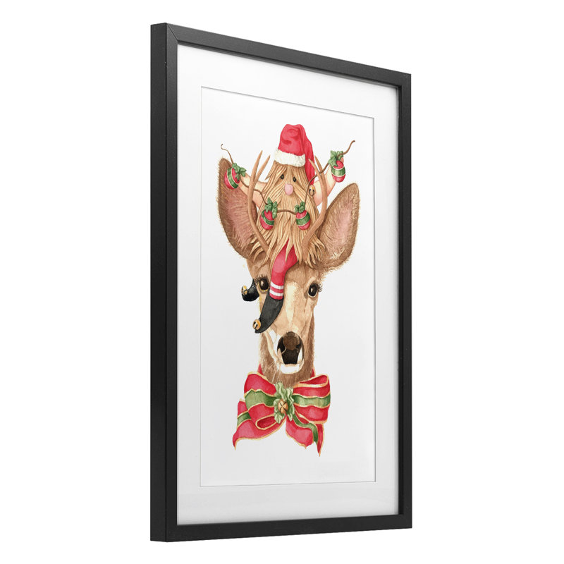 «Santa's Elf on Deer», reproduction encadrée sous verre, conception de Nancy Overton, Cadre noir minuit, H 23 po x l 17 po