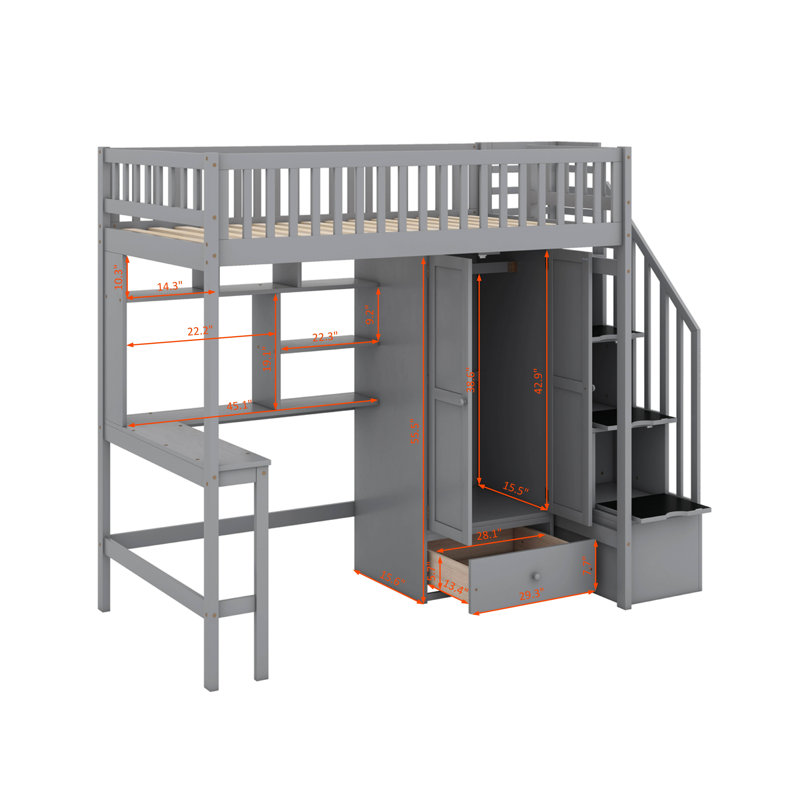 Lit mezzanine simple avec bibliothèque, tiroirs, bureau et garde-robe