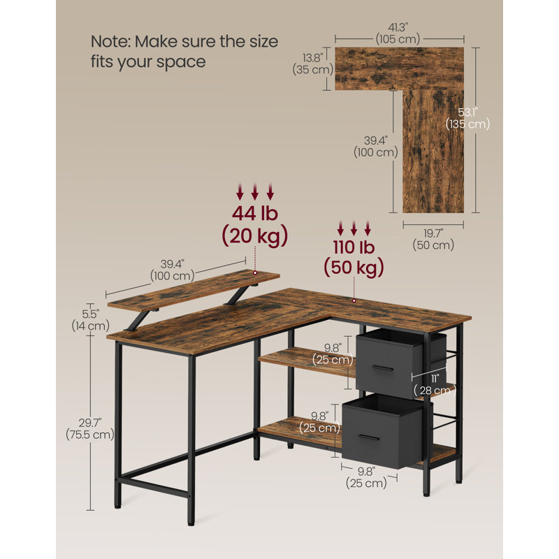 Aliyanah L-Shaped Metal Base Computer Desk, 89.5cm H x 135cm W x 105cm D, Rustic Brown