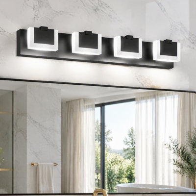 Applique murale moderne de salle de bain avec éclairage DEL intégré, 4 lumières, noir mat, en acrylique