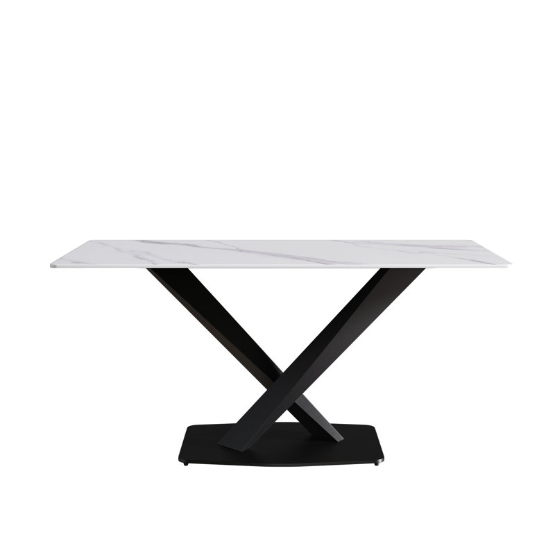 Table en pierre frittée blanche de 63 pouces avec métal noir stable, pouvant accueillir 6 personnes dans une salle à manger moderne pour 6 personnes