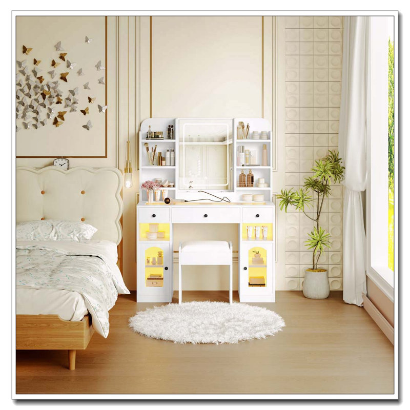 Bureau de coiffeuse 43,2 "avec miroir à DEL et tablettes de rangement et tabouret pour la chambre à coucher, Blanc