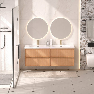 Meuble-lavabo suspendu Vitrasa 60 po à rayures noyer avec lavabo, meuble de salle de bain moderne fixé au mur avec 4 tiroirs à fermeture douce, préassemblé avec lavabo en céramique intégré – Bois naturel