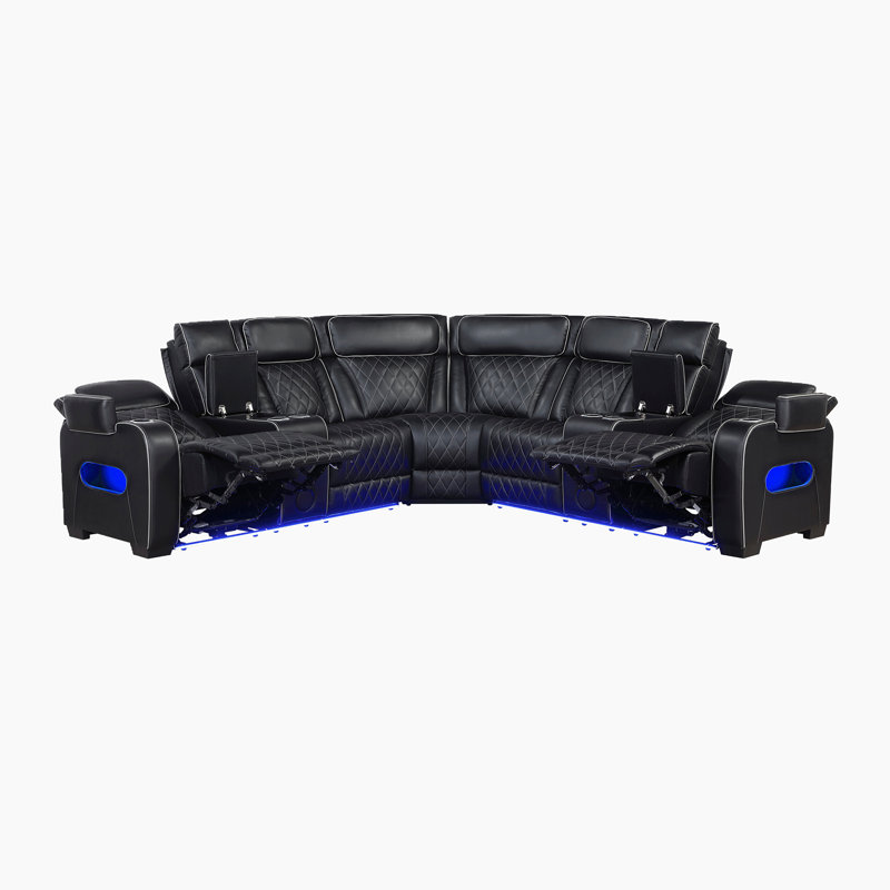 Savion 118" Modern & Contemporary 3-Piece Power Faux Leather Sectional Sofa with Dual Power Reclining & Headrest Control, Integrated Console & Wireless Speakers