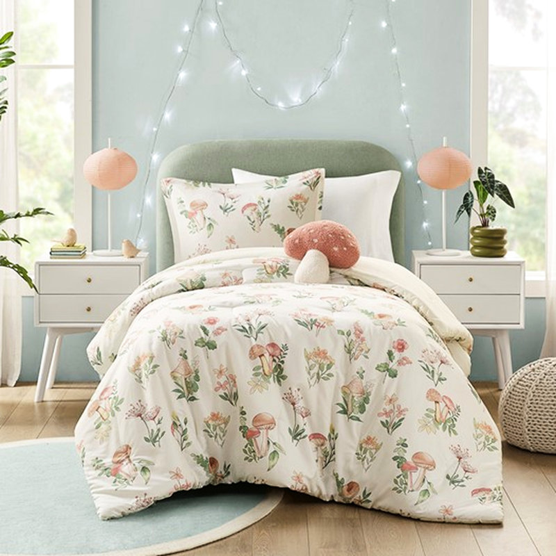 Édredon double / grand, champignon coloré, édredon en tissu, champignon et floral,
