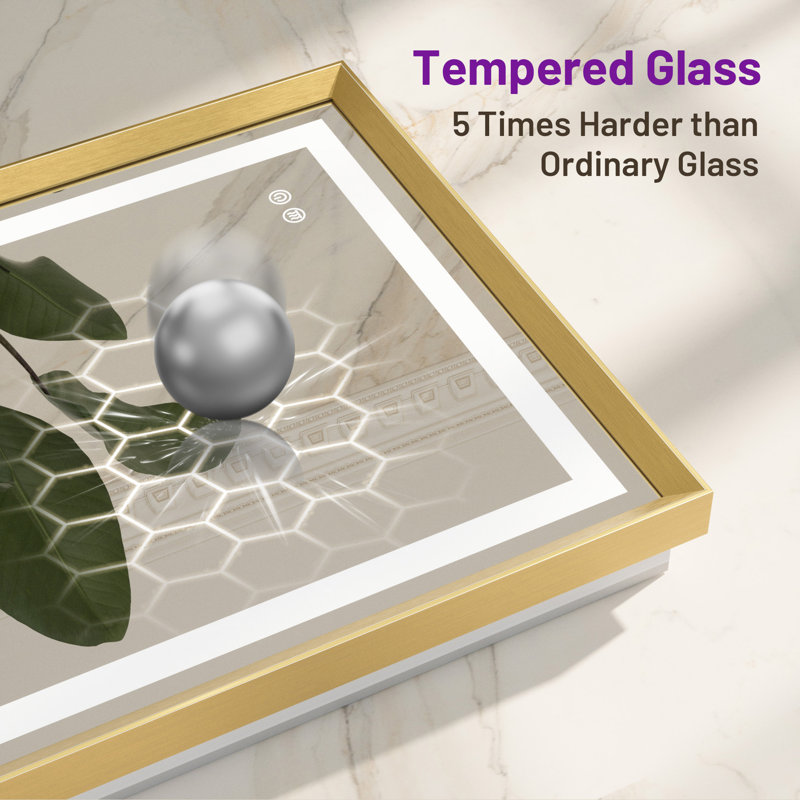 Dineen Front and Backlit LED Tempered Glass Vanity Mirror, Gold, 48" x 36"
