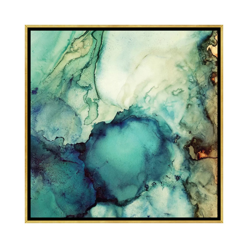 Bleu sarcelle abstrait, H 18 po x l 18 po x P 1,5 po, Toile encadrée d'or, Pas de tapis