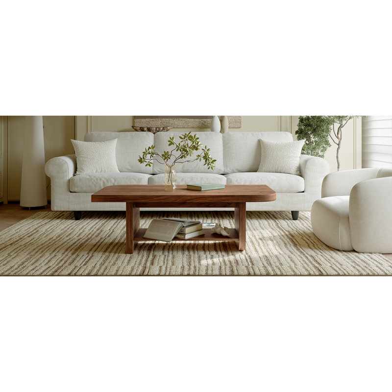 Table basse de 47,2 po en forme d'éventail avec tablette de rangement inférieure, finition grain de bois de noyer, table de salon moderne de style Mid-Century, mobilier d'appoint de style maison de campagne pour grands espaces, assemblage facile
