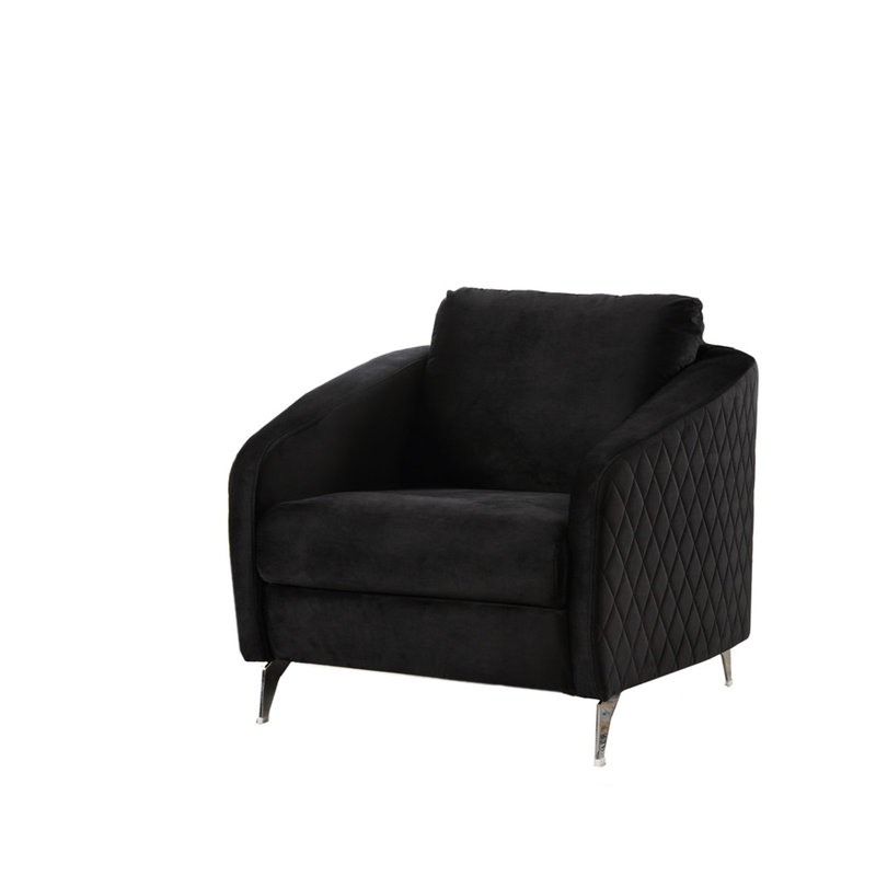 Fauteuil en velours noir 36 po - Style moderne avec coutures à motif de losanges, pieds en métal, coussins à ressorts ensachés, coussins