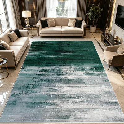 1PC Emerald Green & Grey Abstract Brushstroke area rugs for Living Room, Soft and Comfortable, Suitable for all seasons, easy-to-maintain, machine washable Indoor floor mat, Under Table Farmhouse suitable for dining room, bedroom, entryway, kitchen,