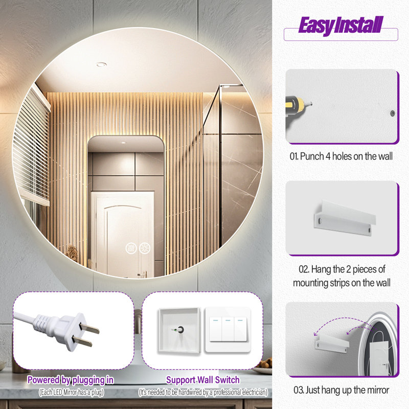 Miroir rond de salle de bain / de meuble-lavabo à DEL rétroéclairé certifié Lunara UL, 24 po x 24 po 