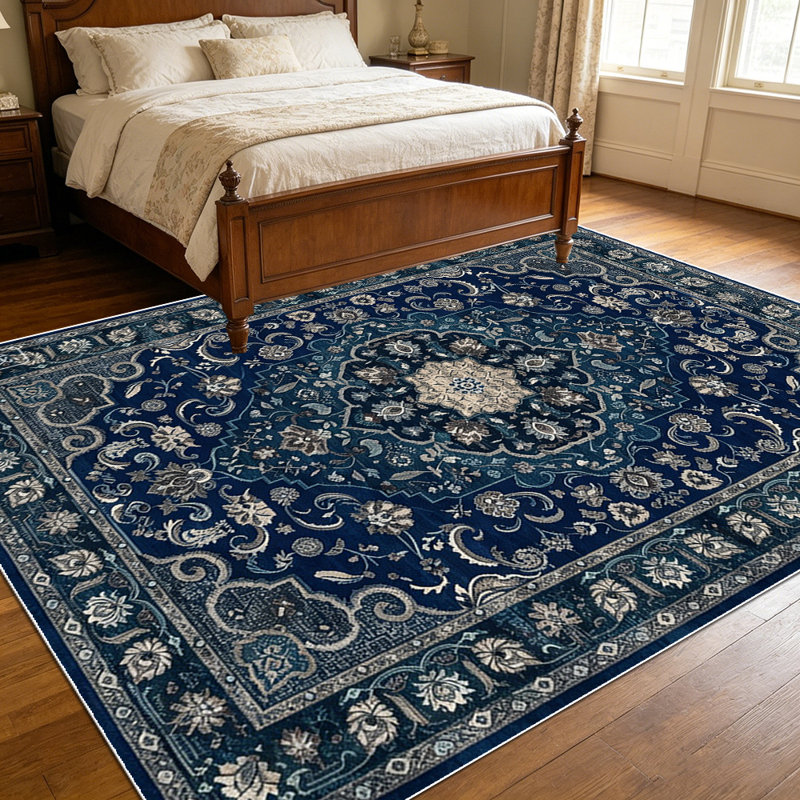 1PC Vintage Persian Medallion Navy Blue Floral area rugs for Living Room, Soft and Comfortable, Suitable for all seasons, easy-to-maintain, machine washable Indoor floor mat, Under Table Farmhouse suitable for dining table, bedroom, entryway,