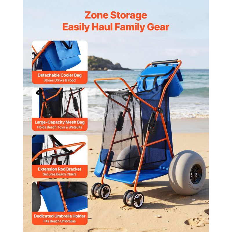 Chariot de plage pliable, capacité de 165 lb, structure en acier, 1 pièce, chariot utilitaire, noir, roues ballon de 12 po et sac isotherme
