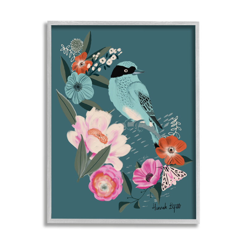 "Blue Bird And Flowers On Canvas" par Hannah, impression, H 30 po x l 24 po x P 1,5 po, Estampe numérique Farmhouse