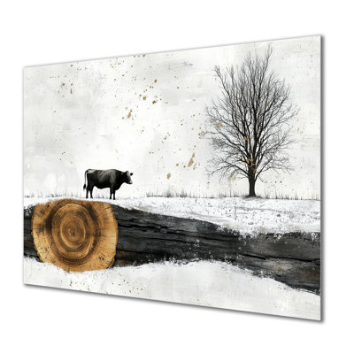 «Winter Farm with Cow In The Field Landscape I», impression d'art mural en métal à la campagne