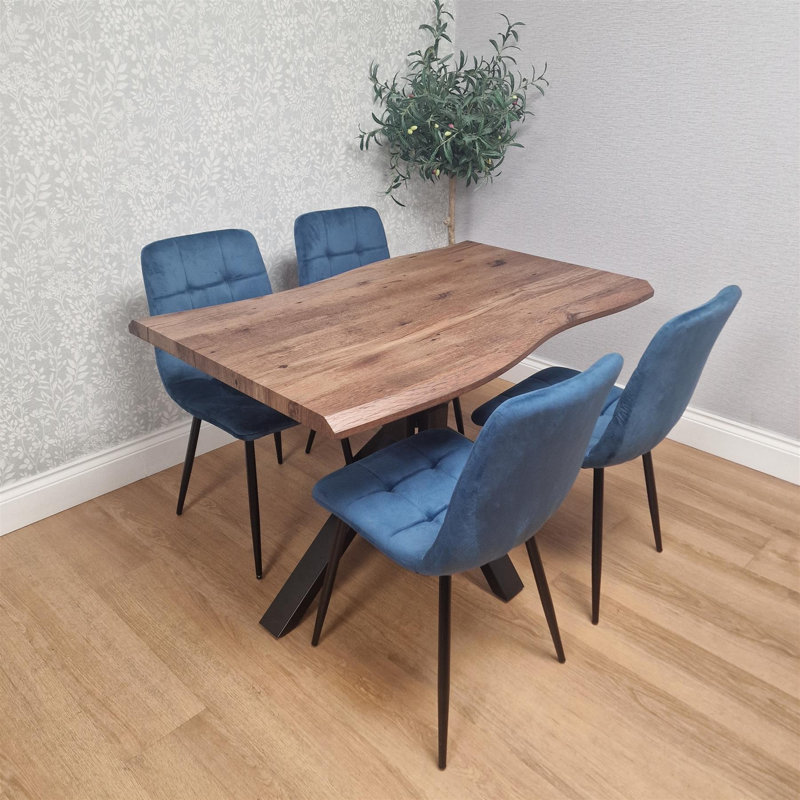 Rustic Brown Wooden Dining set with Table and Velvet Chairs, 75cm H x 80cm W x 140cm D, Blue, 5
