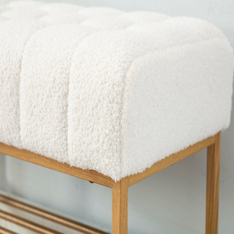 Extrémité de la chambre à coucher du banc de lit - Siège rembourré en tissu Teddy, pieds en métal, avec tablette et rangement pour chaussures