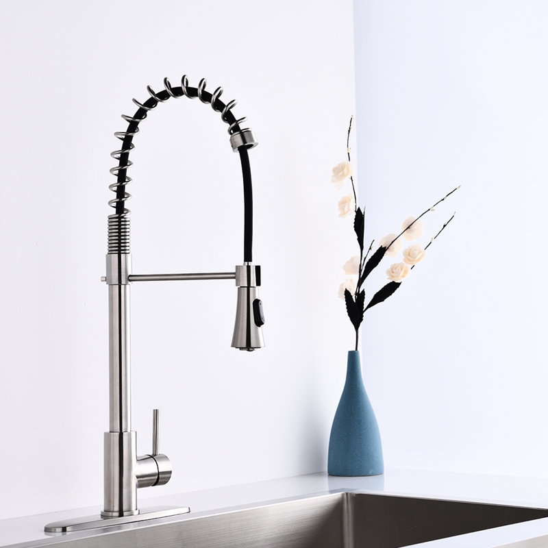Robinet de cuisine moderne en nickel brossé avec tuyau flexible - Ressorts à poignée simple à grande arche, rétractable, pour briser l'oxydation et l'érosion