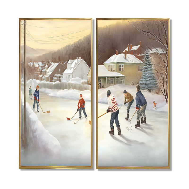 Enfants jouant au hockey en hiver IV - art mural de hockey sur glace 2 pièces, 32" H x 32" W, Impression encadrée flottante