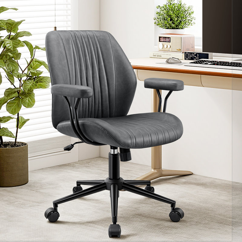 Breathable Leather Task Chair With Padded Arms for home office, Gray
