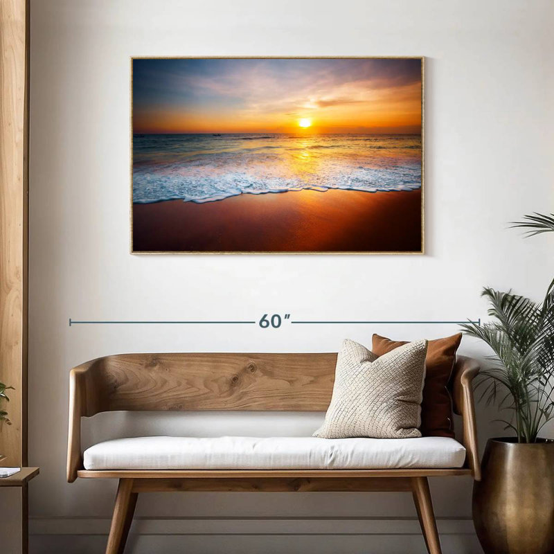 Coucher de soleil sur les vagues mousseuses, Cadre flottant en bois naturel, 43 po x 29 po