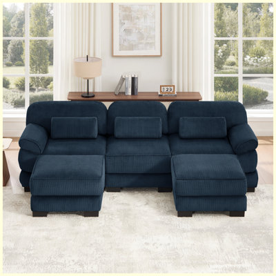 Canapé modulaire en forme de U 120,4 po Cloud 3, 3 places avec 2 repose-pieds, coussins épais, velours côtelé respirant, bleu