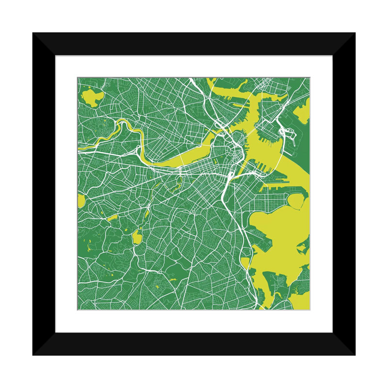 «Boston Urban Roadway Map», impression sur toile tendue en vert, H 24 po x l 24 po x P 1 po, Papier d'art encadré noir, Blanc