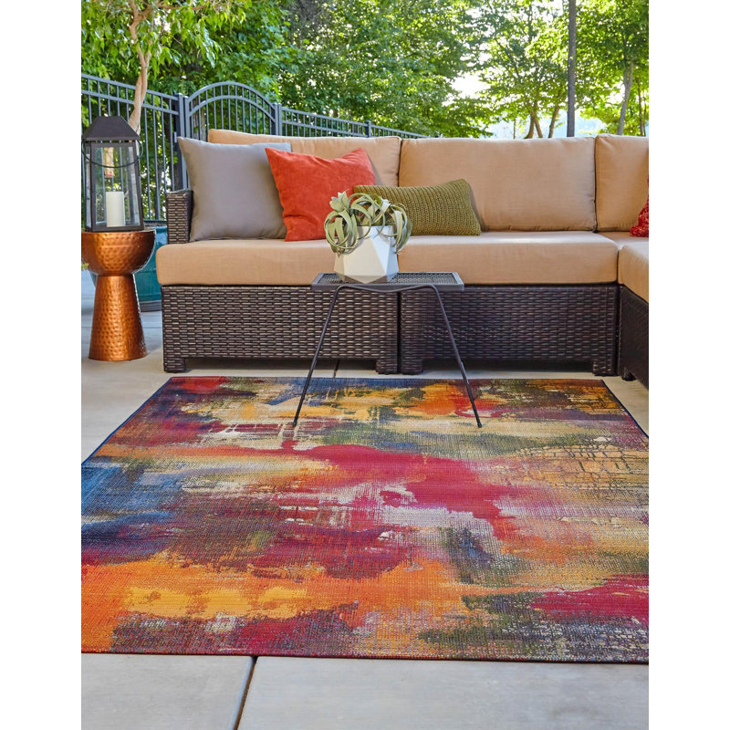 Tapis d'intérieur / extérieur vert / bleu à motif abstrait Trona, Rectangle 10 pi x 12 pi 2 po