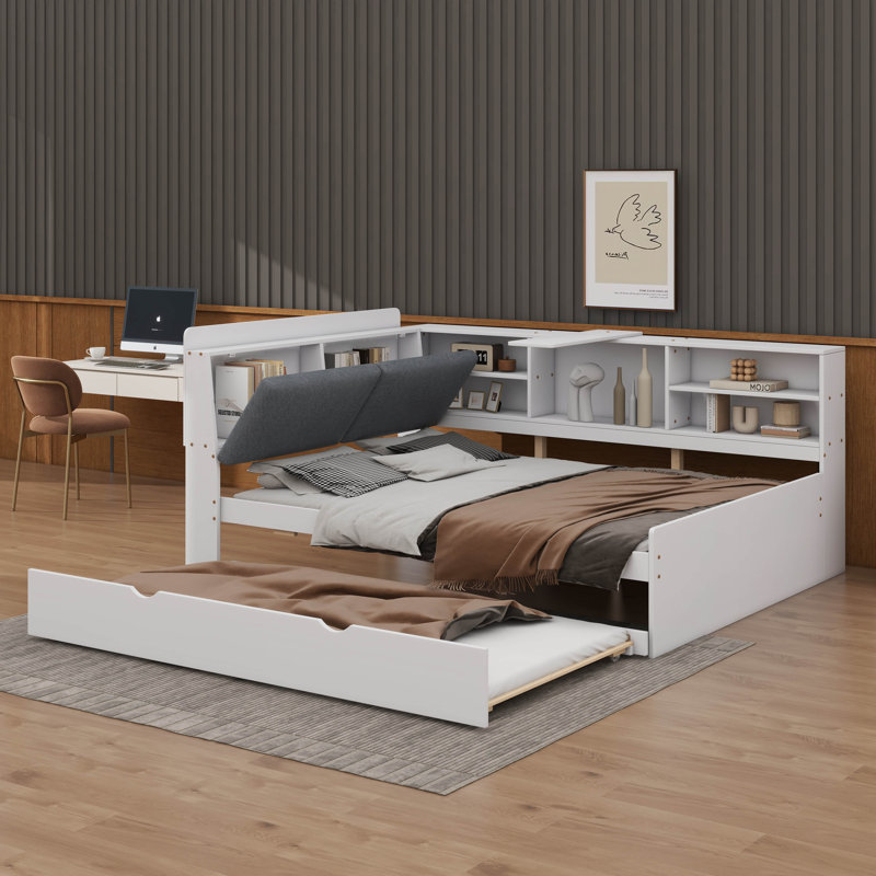 Lit plateforme avec lit gigogne, tablettes et tête de lit avec rangement, Blanc, Lit double